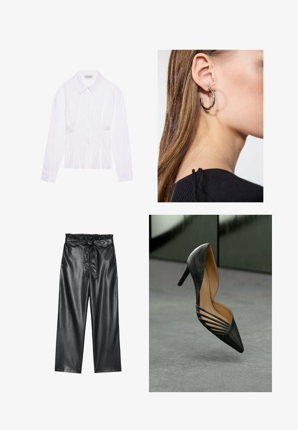 Valkoinen pitkähiha blouse, jossa on klassinen kaulus, etuvetoketju ja ryppyinen sivudetalji. Pehmeä kangas ja muotoiltu leikkaus.; Mustat tekonahkaleggingsit, joissa on joustava, röyhelöillä varustettu vyötärö ja irrotettava solmiovyö. Sileä pinta ja minimaalinen kiilto.; Mustat korkokengät, joissa on terävä kärki, teksturoitu pinta ja erottuvat sivuleikkaukset, esillä neutraalia taustaa vasten.; Hopea renkaankorvakoru kiiltävällä pinnalla, jossa on pieniä kultaisia yksityiskohtia ja pyöreä muoto, käytetty korvalla.