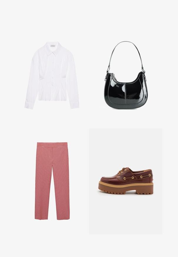 Witte blouse met lange mouwen en een klassieke kraag, met een sluiting aan de voorkant met knopen en geplooide details aan de zijkant. Glad materiaal met een getailleerde pasvorm.; Rood-witte geblokte broek met een wijde broekspijp ontwerp, een soepele textuur en een middelhoge tailleband. Geschikt voor casual gebruik.; Bruine leren botenschoenen met een stevige bruine rubberen zool, gouden ogen en contraststiksels. Heeft een logo aan de zijkant.; Zwarte gepatineerde leren handtas met een gebogen ontwerp, ritssluiting en een enkele schouderriem met zilverkleurige hardware en stikselaccenten.