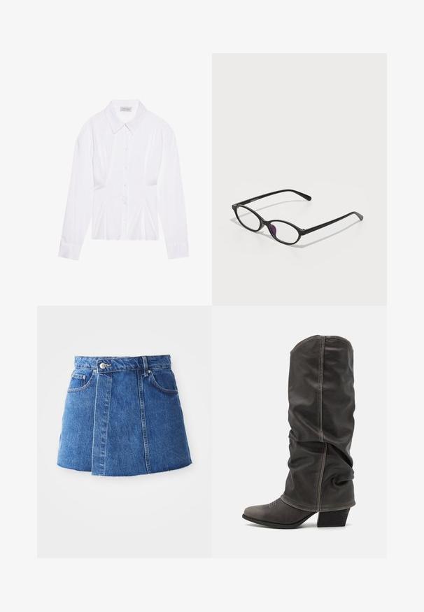 Fehér hosszú ujjú blúz klasszikus gallérral, elöl gombos záródással és összegyűrt oldali részletekkel. Simára szőtt anyag, testhez álló fazonban.; Közepesen kék farmer mini szoknya magas derékkal, elülső gombos záródással, két zsebbel és nyers szegéllyel az alján.; Szürke bőr, térdig érő csizmák, amelyek laza kialakításúak, hegyes orrúak és tornácos sarkúak. Figyelemre méltó varrási részlet az orr részén.; Fekete műanyag szemüveg ovális formával, átlátszó lencsékkel és egy lila akcentussal a bal lencsén. Stílusos, minimalista dizájn.