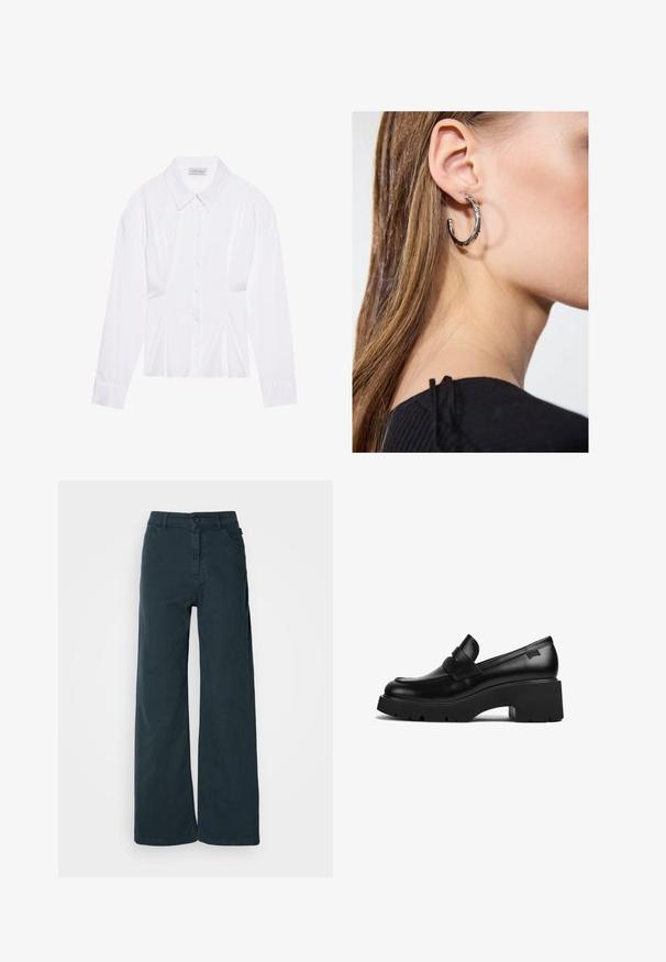 Valge pikkade varrukatega pluus klassikalise kraega, ees nööbiga sulgemine ja kokkuvõetud külgedega detail. Sile kangas ja kohandatud lõige.; Tumedat puhvpunased püksid tumedas hallis puuvilla segus, millel on ees nuppluku sulgemine, vöödeaugud ja kaks külgtaskut. Sile tekstuur minimaalse detailiga.; Must musta jalgadega must nahast lohvik, paksu tallaga ja rihmaga ülevalt, kujutatud külgvaates valgel taustal.; Hõbedane rõngas kõrvarõngas poleeritud viimistlusega, millel on väikesed kuldsed aktsendid ja ümmargune kuju, kantud lobus.