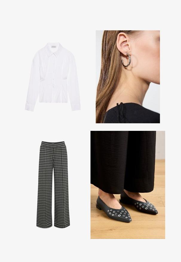 Bijela bluzica dugih rukava s klasičnom kragnom, prednjim kopčanjem na gumbe i nabranim detaljem sa strane. Glatka tkanina s krojem koji se dobro prilagođava.; ICHI IHKATE - Hlače - vetiver; Crne kožne balerinke s oštrim vrhom, sa metalnim rupicama različitih veličina i niskim kvadratnim petama. Glatka površina na drvenom podu.; Srebrna kružna naušnica s poliranim završetkom, koja ima male zlatne detalje i okrugli oblik, nošena na uhu.