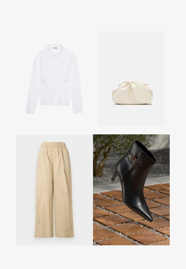 Bela bluzica z dolgimi rokavi s klasičnim ovratnikom, sprednjim zapenjanjem na gumbe in nabranimi stranskimi detajli. Gladek material s krojem, ki se prilega.; Bež široke hlače z elastičnim pasom, ravnim sprednjim delom in gladko teksturo tkanine. Zasnovane so za udobje z ohlapnim pasom.; Črne usnjene gležnjarje s koničastim nosom in majhno peto. Opremljene so z zlatim verižnim okrasom okoli gležnja. Obkrožene so z teksturirano kamnito površino.; Krema barve, mehka torba iz umetnega usnja z nabranim dizajnom, nastavljivim ročajem in diskretnim zapiranjem na vrvico. Gladka tekstura in zaobljena oblika.; Zlati vložki z gladko, okroglo obliko in sijočo površino; vsebujejo majhen zatič za varen pritrjevanje.