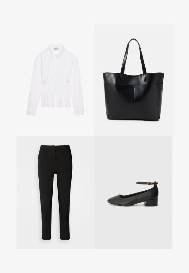Bijela bluzica dugih rukava s klasičnom kragnom, prednjim kopčanjem na gumbe i nabranim detaljem sa strane. Glatka tkanina s krojem koji se dobro prilagođava.; Crne krojene hlače slim kroja, ravnog prednjeg dijela, bez vidljivih džepova, s glatkom teksturom i čistim završetkom na rubu.; Crne kožne pumpe s oštrim vrhom i niskom blok petom. Sadrže remen oko gležnja s zlatnim kopčanjem. Glatka tekstura.; Crna kožna torba s dugim ručkama, glatkom teksturom i strukturiranim oblikom. Ima prednju džep za dodatno pohranu.