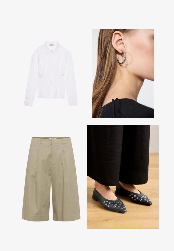 Fehér hosszú ujjú blúz klasszikus gallérral, elöl gombos záródással és összegyűrt oldali részletekkel. Simára szőtt anyag, testhez álló fazonban.; Bézs vászon culotte nadrág, széles szárú kialakítással, elülső redőkkel és sima textúrával. A derék rész laposan fekszik, látható rögzítések nélkül.; Fekete bőr lapos cipők, hegyes orral, változó méretű fémbetét díszítéssel és alacsony szögletes sarkával. Simább textúra a fapadlón.; Ez egy ezüst fülbevaló, sima felülettel, amelyen apró arany díszítőelemek találhatók. Kerek formájú és a fülcimpán viselik.