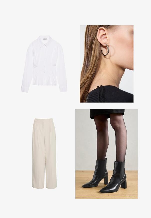 Bela bluzica z dolgimi rokavi s klasičnim ovratnikom, sprednjim zapenjanjem na gumbe in nabranimi stranskimi detajli. Gladek material s krojem, ki se prilega.; Hlače z visokim pasom v kremni barvi, širokega kroja, z naborki, izdelane iz gladkega materiala, z minimalističnim dizajnom in prilegajočim krojem.; Črne usnjene gležnjarje s koničastim nosom, masivnim kvadratnim petam in sleek oblikovanjem. Imajo elastične stranske panele za enostavno obuvanje.; Srebrna obročasta uhana s polirano površino, ki vključuje majhne zlate poudarke in okroglo obliko, nošena na ušesnem lobu.