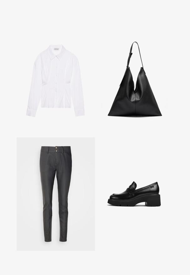 Bílá halenka s dlouhými rukávy a klasickým límečkem, zapínání na knoflíky vpředu a naříznutím po stranách. Hladká tkanina s tvarovaným střihem.; Černé kalhoty slim fit, vyrobené z hladkého materiálu. Mají dva knoflíky na zapínání v pase a plochý přední design.; Černý kožený mokasín s robustním podpatkem a silnou podrážkou, s páskovým detailem přes horní část, zobrazený z boku na bílém pozadí.; Černá kožená trojúhelníková kabelka s jedním nastavitelným ramenním popruhem a měkkou, mírně povolenou strukturou.; Stříbrný kruhový náušník s lesklým povrchem, zdobený malými zlatými akcenty, v kulatém tvaru, nošený na lalůčku.