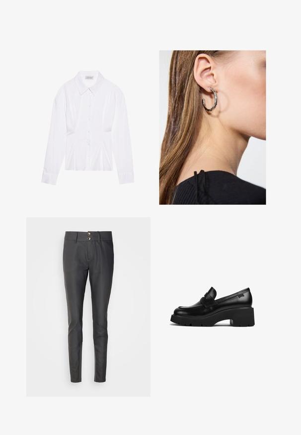 Witte blouse met lange mouwen en een klassieke kraag, met een sluiting aan de voorkant met knopen en geplooide details aan de zijkant. Glad materiaal met een getailleerde pasvorm.; Zwarte broek met een slim fit, gemaakt van glad materiaal. Bevat een sluiting met twee knopen bij de taille en een platte voorkant.; Zwarte leren loafers met chunky hak en dikke zool, met een banddetail over de bovenkant, zijaanzicht op een witte achtergrond.; Zilveren oorbel met een gepolijste afwerking, met kleine gouden accentdetails en een ronde vorm, gedragen op de oorlel.