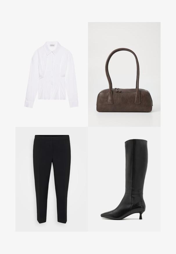 Blusa branca de manga longa com colarinho clássico, fecho frontal com botões e detalhe franzido nas laterais. Tecido suave com um corte ajustado.; Calças pretas ajustadas com um corte slim, apresentando fecho de botão, textura suave e pregas à frente para uma aparência refinada.; Zign Botas - black; Bolsa de couro castanho com duas alças robustas, formato retangular, textura lisa e fecho de zíper. Design minimalista sem padrões visíveis.; Brinco de argola prateada com acabamento polido, apresentando pequenos detalhes em dourado e uma forma redonda, usado na orelha.
