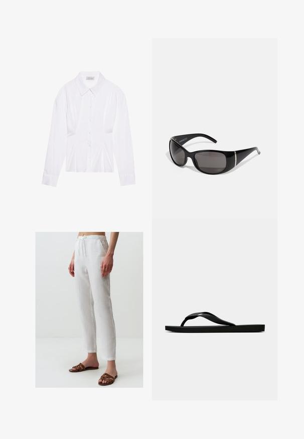 Blusa bianca a maniche lunghe con colletto classico, chiusura frontale con bottoni e dettaglio arricciato sui lati. Tessuto liscio con una forma sartoriale.; Pantaloni bianchi in lino con vita regolabile, dotati di tasche e una vestibilità comoda. Abbinati a sandali marroni con cinturini. Tessuto liscio.; Infradito in gomma nera con cinturino testurizzato e suola piatta semplice, mostrati di lato su uno sfondo chiaro e uniforme.; Occhiali da sole neri con montatura in plastica lucida, lenti grigie sfumate e accenti in tonalità argento ai lati. Design elegante e curvo.