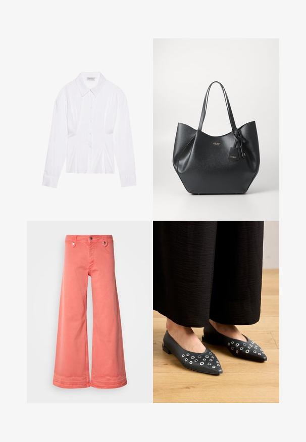 Witte blouse met lange mouwen en een klassieke kraag, met een sluiting aan de voorkant met knopen en geplooide details aan de zijkant. Glad materiaal met een getailleerde pasvorm.; Koraalkleurige wijde broek van katoen met vijf zakken, metalen hardware en een nette afwerking aan de zomen. Voorzien van een klassieke knoop- en ritsluiting.; Zwarte leren ballerina's met een spitse neus, voorzien van metalen oogjes in verschillende maten, en een lage vierkante hak. Gladde textuur op een houten vloer.; Zwarte shoppingtas van gestructureerd synthetisch materiaal met een brede silhouet, voorzien van dubbele handvatten en een merkpendant detail.; Zilveren oorbel met een gepolijste afwerking, met kleine gouden accentdetails en een ronde vorm, gedragen op de oorlel.