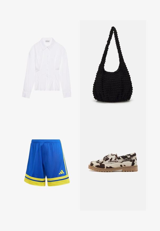 Blouse blanche à manches longues avec un col classique, fermeture à boutons sur le devant et détail froncé sur le côté. Tissu lisse avec une coupe ajustée.; Shorts de sport bleus avec une taille élastique jaune et des rayures. Comprend le logo Adidas et des accents jaunes contrastants sur les côtés. Matière légère.; Chaussures à motif peau de vache avec une base crème et des taches marron foncé, construites avec une semelle en caoutchouc et un lacet.; Sac en tissu noir texturé avec une seule sangle torsadée, présentant une forme dodue et un design de surface froncé.