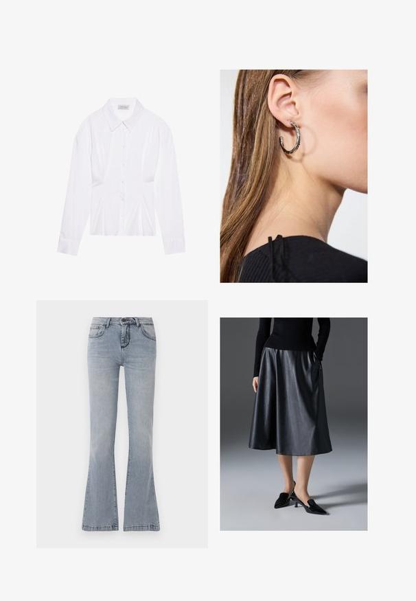 Valge pikkade varrukatega pluus klassikalise kraega, ees nööbiga sulgemine ja kokkuvõetud külgedega detail. Sile kangas ja kohandatud lõige.; Heledad sinised teksad, millel on laiem lõige, ees nupuga ja lukuga kinnitamine ning klassikaline viie tasku disain.; Mustmustest mustsari mustmust mustmust; sisaldab vöökohta ja küljetaskuid. Kombineeritud läikivate mustade kontsakingadega.; Hõbedane rõngas kõrvarõngas poleeritud viimistlusega, millel on väikesed kuldsed aktsendid ja ümmargune kuju, kantud lobus.