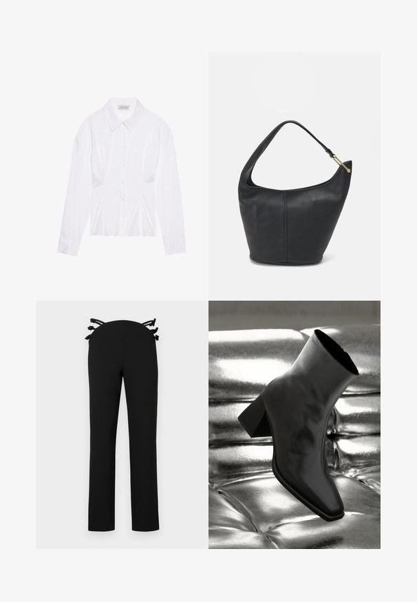 Bílá halenka s dlouhými rukávy a klasickým límečkem, zapínání na knoflíky vpředu a naříznutím po stranách. Hladká tkanina s tvarovaným střihem.; Černé kalhoty se rovnými nohavicemi, s páskem se černými stuhami na zadní straně. Hladká tkanina bez viditelných vzorů.; Černá kotníková bota vyrobená z lesklého materiálu se čtveratou špičkou a zúženým podpatkem, umístěná na lesklém stříbrném prošívaném pozadí.; Černá kožená kabelka zaobleného tvaru, s širokým popruhem a texturovaným povrchem. Obsahuje jemné švy a akcenty ve zlatém tónu.