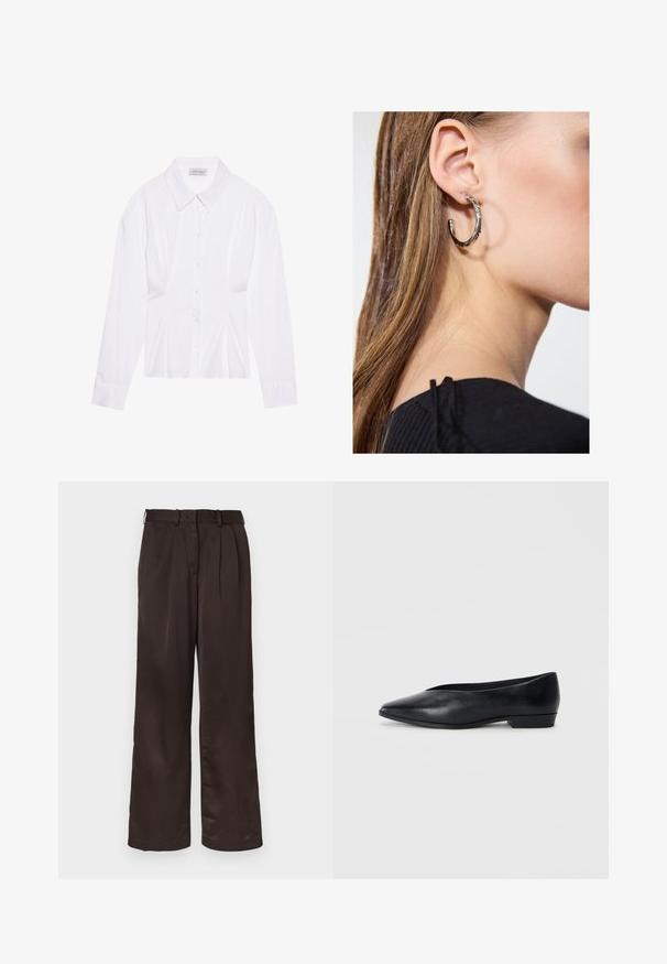 Valkoinen pitkähiha blouse, jossa on klassinen kaulus, etuvetoketju ja ryppyinen sivudetalji. Pehmeä kangas ja muotoiltu leikkaus.; Ruskeat, leveälahkeiset housut, jotka on valmistettu sileästä kankaasta. Niissä on teksturoitu vyötärönauha ja edessä laskokset tuomaan lisää yksityiskohtia.; Mustas nahast lame king, millel on terav varvas, veidi tõstetud konts ja sile pind. Lihtne disain, ilma nähtava riistvarata või mustriteta.; Hopea renkaankorvakoru kiiltävällä pinnalla, jossa on pieniä kultaisia yksityiskohtia ja pyöreä muoto, käytetty korvalla.