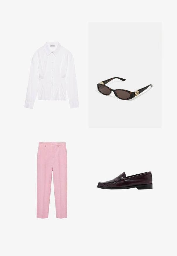 White long-sleeve blouse with a classic collar, front button closure, and gathered side detail. Smooth fabric with a tailored shape.; Light pink trousers made of a textured fabric, featuring a straight leg design, belt loops, and front slash pockets. No visible patterns.; Men’s dark brown leather penny loafer with black sole and stitching detail along the toe, shown in side profile.; Tortoiseshell sunglasses with elongated oval lenses, brown tint, gold logo accents on temples, and sleek black arms.