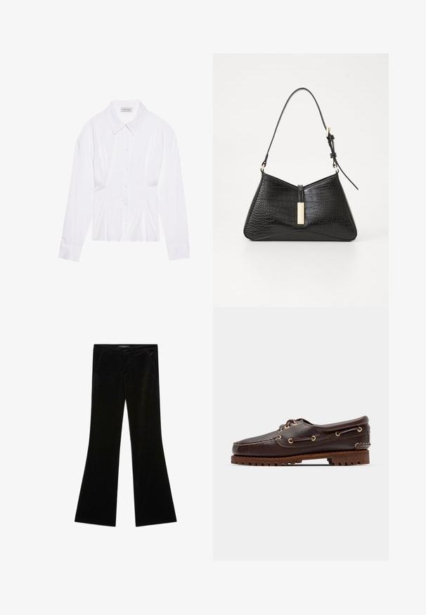 Hvid langærmet bluse med klassisk krave, knaplukning foran og samlede side detaljer. Glat stof med en skræddersyet form.; Sorte fløjlsbukser med en glat tekstur, der har to frontlommer og en tætsiddende talje, designet til en strømlinet silhuet.; Brune læder bådsko med gyldne øjer, runde snørebånd og en struktureret brun gummisål. Har quiltede detaljer og et forhøjet logo.; Sort håndtaske i faux krokodillepræget materiale med en triangelform, slank skulderrem og en guldfarvet hardwaredetalje i midten.; Sorte læderhandsker med en quillede sort ruskindsmanchet. Har en glat overflade og en diskret logoaccent på håndledsområdet.; Sølv dråbeøreringe med rundede accenter, sat mod en model iført en hvid ribbet ærmeløs top, der fremviser en glat tekstur.