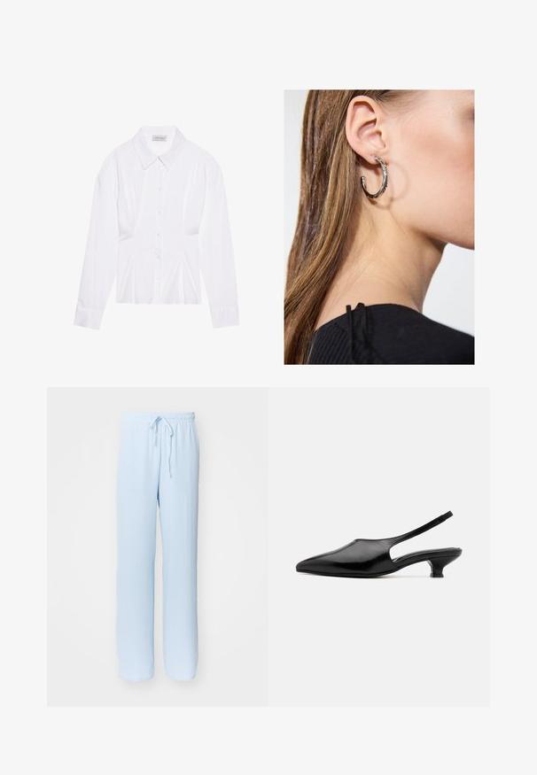 White long-sleeve blouse with a classic collar, front button closure, and gathered side detail. Smooth fabric with a tailored shape.; Light blue, loose-fitting trousers with an elastic waistband and adjustable drawstring; made from soft, breathable fabric, featuring a smooth texture.; Black leather slingback heels with a pointed toe, open sides, and a short, flared heel. Smooth texture and minimalist design.; Silver hoop earring with a polished finish, featuring small gold accent details and a round shape, worn on the lobe.