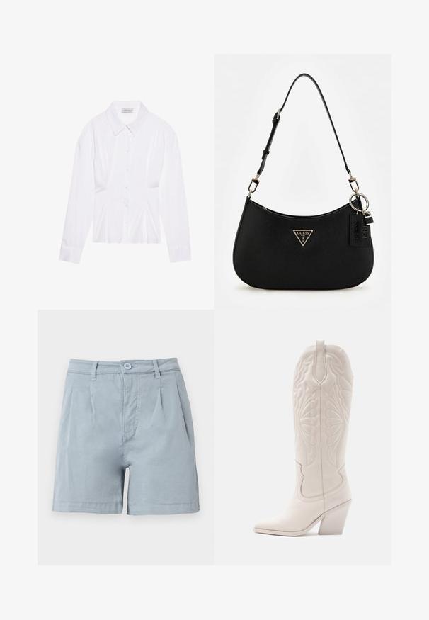 Bijela bluzica dugih rukava s klasičnom kragnom, prednjim kopčanjem na gumbe i nabranim detaljem sa strane. Glatka tkanina s krojem koji se dobro prilagođava.; Svijetloplave pamučne kratke hlače s ravnim prednjim dijelom, naborima i zatvaranjem na gumb. Ima bočne džepove i rub koji pada do sredine bedra.; Bijela kožna kaubojka s uskim vrhom i blokiranim potpeticom. Ima zamršene uzorke šivanja na okupu i glatku teksturu.; Crna sintetika torba za rame s zakrivljenim oblikom, teksturiranim završetkom, zlatnim trokutastim logotipom i odvojivim hardverskim naglascima.