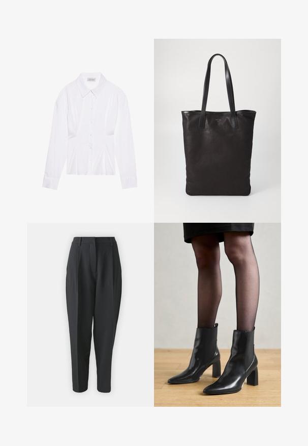 Biała bluzka z długim rękawem, klasycznym kołnierzykiem, zapięciem na guziki z przodu i marszczeniem po bokach. Gładki materiał o dopasowanym kroju.; Czarne spodnie o dopasowanym kroju z wysokim stanem, plisami i zwężającymi się nogawkami. Gładki materiał bez widocznych wzorów ani zdobień.; Czarne skórzane botki za kostkę z ostro zakończonym noskiem, masywnym kwadratowym obcasem i eleganckim designem. Posiadają elastyczne boczne panele dla łatwego zakładania.; Czarna torba na ramię z czarnymi skórzanymi uchwytami. Prosty design, pojemne wnętrze i gładka faktura. Bez widocznych logo ani wzorów.; Srebrny kolczyk w kształcie koła z polerowanym wykończeniem, z małymi złotymi akcentami, noszony na płatku ucha.