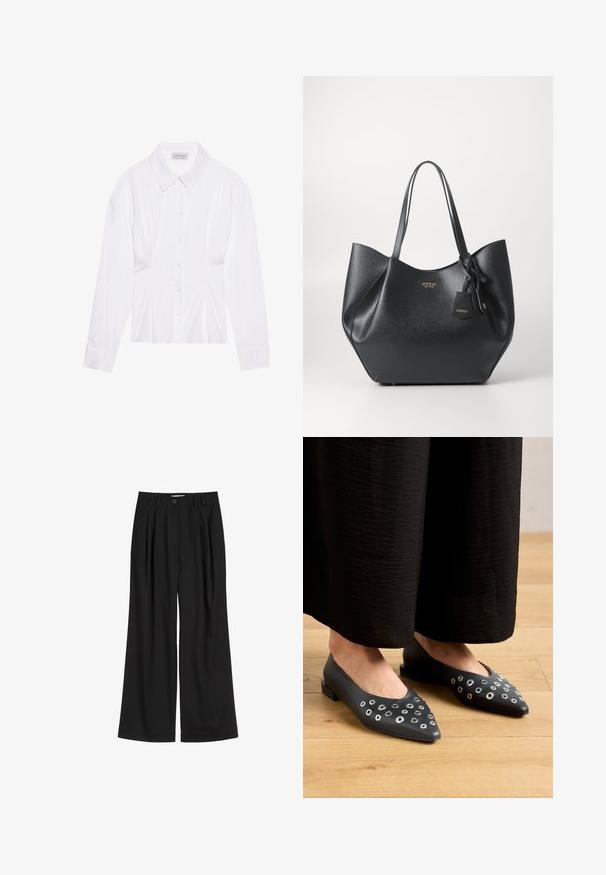 Weiße Bluse mit langen Ärmeln, klassischem Kragen, vorderer Knopfleiste und gerafftem Seitendetail. Glattes Material mit taillierter Form.; Schwarze weit geschnittene Hosen aus glattem Stoff, mit Frontfalten, einem Knopfverschluss und genähten Bunddetails.; Schwarze Lederballerinas mit spitzem Zehenbereich, die mit Metallösen in verschiedenen Größen verziert sind, sowie einem niedrigen, quadratischen Absatz. Glatte Textur auf Holzboden.; Schwarze Tragetasche aus texturiertem Synthetikmaterial mit breiter Silhouette, ausgestattet mit zwei Griffen und einem Markenanhänger.; Silberne Creolen mit polierter Oberfläche, die kleine goldene Akzentdetails und eine runde Form aufweisen, am Ohrläppchen getragen.