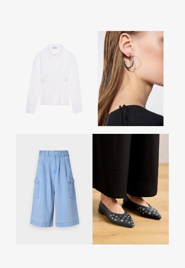 Balta ilgomis rankovėmis bluzelė su klasikiniu apykaklės dizainu, priekyje su sagų uždarymu ir susiraukšlėjimu šoniniuose detalėse. Lygaus audinio, pritaikyta forma.; Šviesiai mėlyni džinsiniai cargo šortai su plačiais šonais, priekinėmis klostėmis ir dviem šoninėmis kišenėmis. Aukšta liemens juosta su diržo kilpelėmis ir mygtukų uždarymu.; Juodi odiniai lygūs bateliai su smailiu priekiu, puošti metaliniais akmenukais įvairių dydžių ir žemu kvadratiniu kulnu. Glotnus paviršius ant medinių grindų.; Sidabrinė lankinė auskarai su poliruotu paviršiumi, turintys mažus auksinius akcentus ir apvalią formą, dėvimi ant ausies kaušelio.