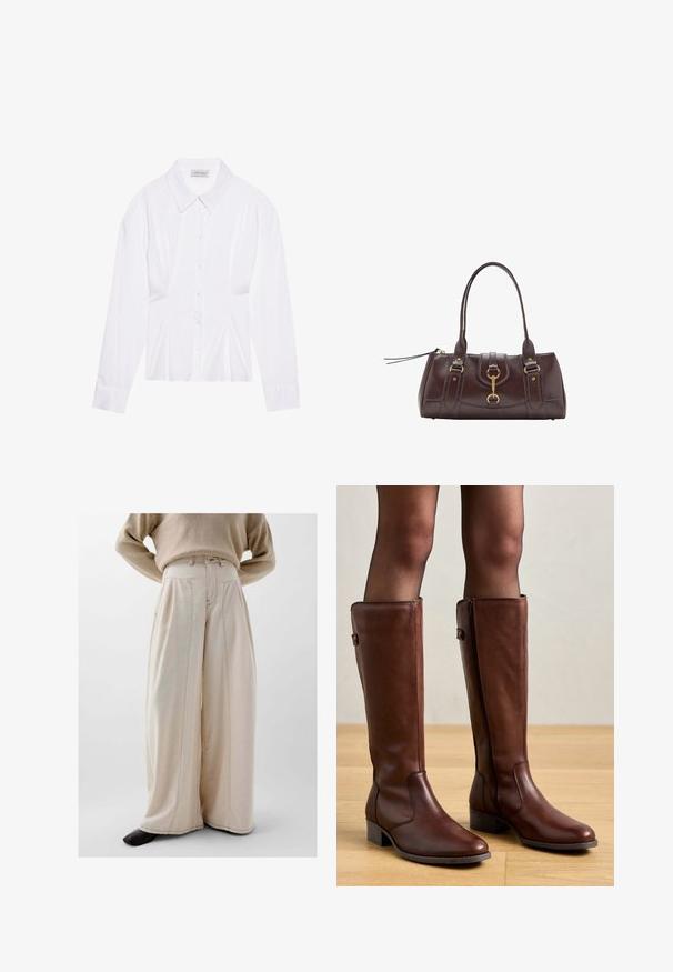White long-sleeve blouse with a classic collar, front button closure, and gathered side detail. Smooth fabric with a tailored shape.; Beige wide-leg trousers made of textured fabric, featuring a high waist, front pleats, and visible stitching details.; Anna Field LEATHER - Boots - brown; Dark brown leather handbag with two top handles, gold hardware accents, a front clasp detail, and stitched textures on the sides.