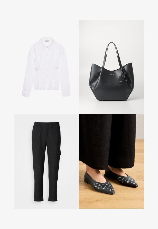 Valge pikkade varrukatega pluus klassikalise kraega, ees nööbiga sulgemine ja kokkuvõetud külgedega detail. Sile kangas ja kohandatud lõige.; Mustmustriibulised püksid elastse vöökoha ja sirge jalgade kujundusega. Omavad küljetaskut klapiga, valmistatud siledast kangast.; Mustast nahkkingad terava ninaga, millel on erineva suurusega metallist silmade kaunistused ja madal ristkülikukujuline konts. Sile tekstuur puidust põrandal.; Mustmust kotte, mis on valmistatud tekstureeritud sünteetilisest materjalist, laia siluettiga, millel on kaks käepidet ja bränditud ripatise detail.; Hõbedane rõngas kõrvarõngas poleeritud viimistlusega, millel on väikesed kuldsed aktsendid ja ümmargune kuju, kantud lobus.