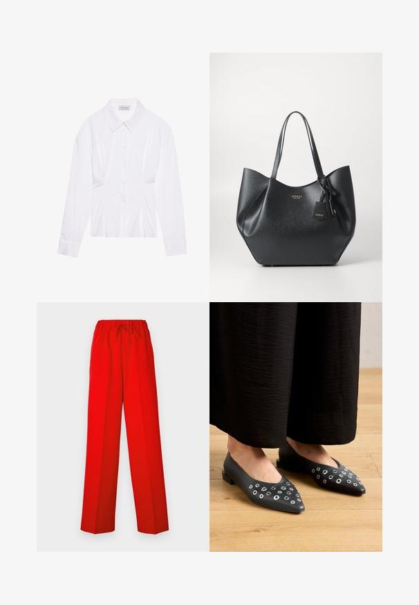 Bijela bluzica dugih rukava s klasičnom kragnom, prednjim kopčanjem na gumbe i nabranim detaljem sa strane. Glatka tkanina s krojem koji se dobro prilagođava.; Crvene hlače širokog kroja, izrađene od glatkog materijala. Imaju elastičnu gumicu u struku i detalj s vezicom za prilagodljivu veličinu.; Crne kožne balerinke s oštrim vrhom, sa metalnim rupicama različitih veličina i niskim kvadratnim petama. Glatka površina na drvenom podu.; Crna torba s dugim handles, izrađena od teksturiranog sintetičkog materijala s širokim siluetom, ukrašena detaljem s oznakom brenda.; Srebrna kružna naušnica s poliranim završetkom, koja ima male zlatne detalje i okrugli oblik, nošena na uhu.