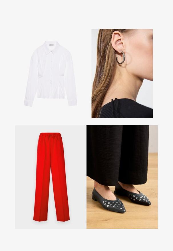 White long-sleeve blouse with a classic collar, front button closure, and gathered side detail. Smooth fabric with a tailored shape.; Red trousers with a wide-leg design, made of smooth fabric. Features an elastic waistband and drawstring detail for adjustable fit.; Black leather flats with a pointed toe, featuring metal eyelet accents in varying sizes, and a low square heel. Smooth texture on wooden floor.; Silver hoop earring with a polished finish, featuring small gold accent details and a round shape, worn on the lobe.