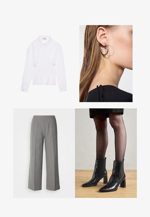 Baltas garā piedurkņu blūze ar klasisku apkakli, priekšējo pogu aizdari un savilktu sānu detaļu. Gluda auduma, izteikta forma.; Pelēki piegriezti platajiem biksēm ar gludu tekstūru, ar plakanu priekšpusi un asām krokām katrā kājā.; Melni ādas potīšu zābaki ar izdilušu purngala formu, masīvu kvadrātveida papēdi un elegantu dizainu. Iekļautas elastīgas sānu paneļi, kas nodrošina ērtu uzvilkšanu.; Sudraba auskars ar pulētu apdari, ar maziem zelta akcentiem un apaļu formu, uz ausu ļipiņas.