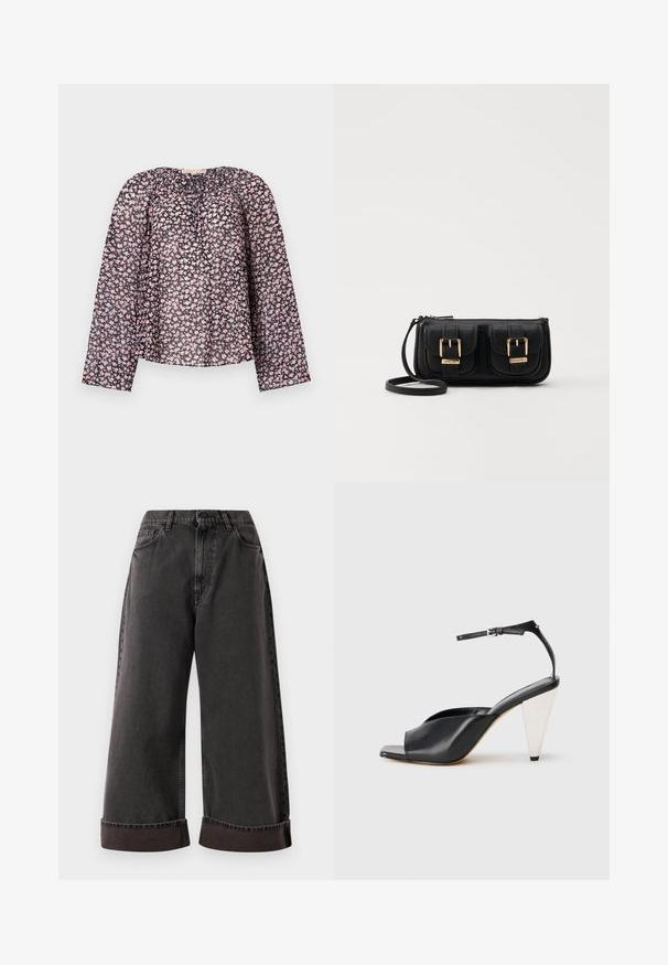 Blusa preta transparente com mangas longas, apresentando um padrão floral de flores rosa e brancas, gola franzida e ajuste solto.; Jean de perna larga preto com barras dobradas, fecho frontal por botão e zipper, e bolsos laterais e frontais.; Sandal de salto alto em couro preto com bico aberto, design assimétrico, tira no tornozelo e um salto metálico em forma de cone. Textura suave por toda a parte.; Bolsa de ombro em couro preto com dois bolsos frontais, fivelas douradas, fecho de zíper e uma alça fina. Superfície texturizada e forma retangular compacta.
