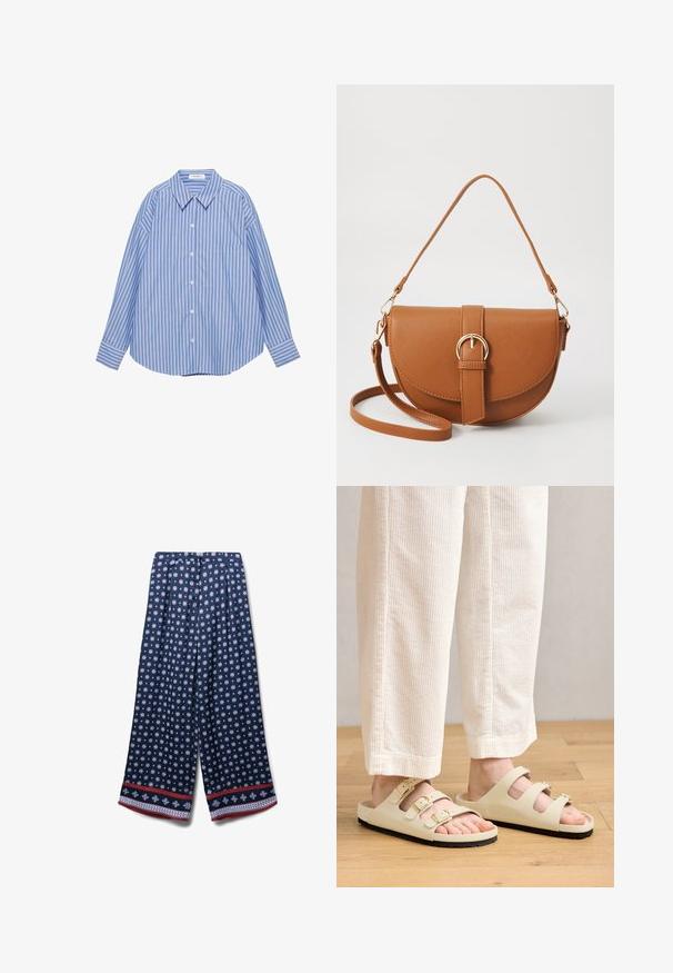 Langarm-Hemd mit blauen und weißen vertikalen Streifen, spitzem Kragen und einer einzelnen Brusttasche.; Marineblaue weit geschnittene Hosen mit einem floralen Muster in Pink und Weiß. Sie verfügen über einen kontrastierenden rotem, gemustertem Saum und sind aus leichtem Stoff gefertigt.; Hellbeige Sandalen mit drei verstellbaren Riemen und metallischen Schnallen, einem gepolsterten Fußbett und einer schwarzen Gummisohle.; Braune Leder-Crossbody-Tasche mit geschwungener Form, goldfarbenen Beschlägen und einer Schnallenakzentuierung. Verfügt über einen abnehmbaren Schultergurt.