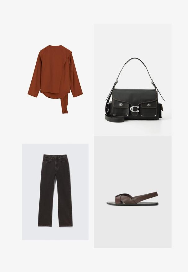 Braunes Langarmshirt mit hohem Kragen, asymmetrischem Rücken und einer gebundenen Detail auf der linken Seite. Hergestellt aus einem weichen, strukturierten Stoff.; Schwarze Jeans aus Denim mit geradem Schnitt, ausgestattet mit Fronttaschen, Gürtelschlaufen und dezenten Steppdetails. Gefertigt aus strapazierfähigem Baumwollmaterial.; Braune Ledersandale mit einem Kreuzriemen-Design, flacher schwarzer Sohle und verstellbarem Rückriemen. Glatte Textur und minimale Hardware-Details.; Schwarze lederne Handtasche mit Klappenverschluss, silbernen Beschlägen, zwei Vordertaschen, kontrastierenden Nähten und einem abnehmbaren Schultergurt.