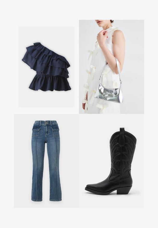 Mornarsko modra top z enim ramenom, ki se ponaša s plastmi volanov in elastičnim pasom, izdelan iz lahkega materiala z gladko teksturo.; ONLY Petite ONLWAUW MID WAIST FLARED - Kavbojke na trapez - medium blue denim; Črne kavbojske škornje s koničastim nosom, teksturirano usnje, okrasno šivanje na ščitniku in nizko zloženo peto.; Srebrna metalna torbica z oblikovano strukturo, ki ima zgornji ročaj in detajl v obliki mašne spredaj. Gladka tekstura, z odsevnimi površinami.