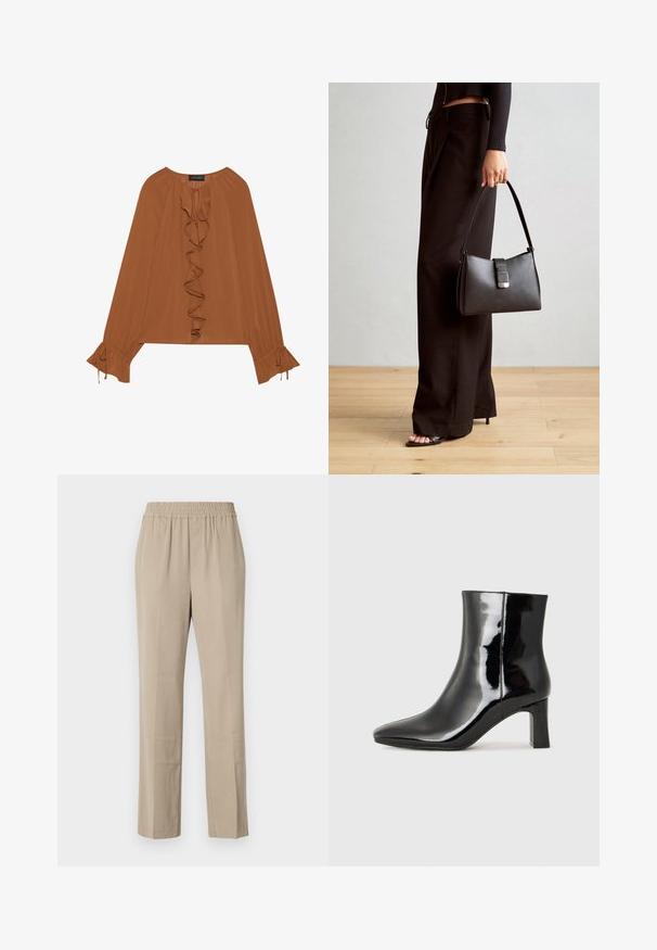 Brun långärmad blus i lätt tyg med volang framtill, dragsko i halsen och utställda ärmslut med knytdetaljer.; Beiga, lätta byxor med resårmidja, rak passform, mjuk textur och subtila veck. Inga synliga fickor.; Svart lackläder ankelboot med spetsig tå och en medelhög klack. Slät textur och minimalistisk design.; Svart handväska med strukturerad form, slät yta och metallspänne. Matchad med vida svarta byxor och sandaler med öppen tå på trägolv.