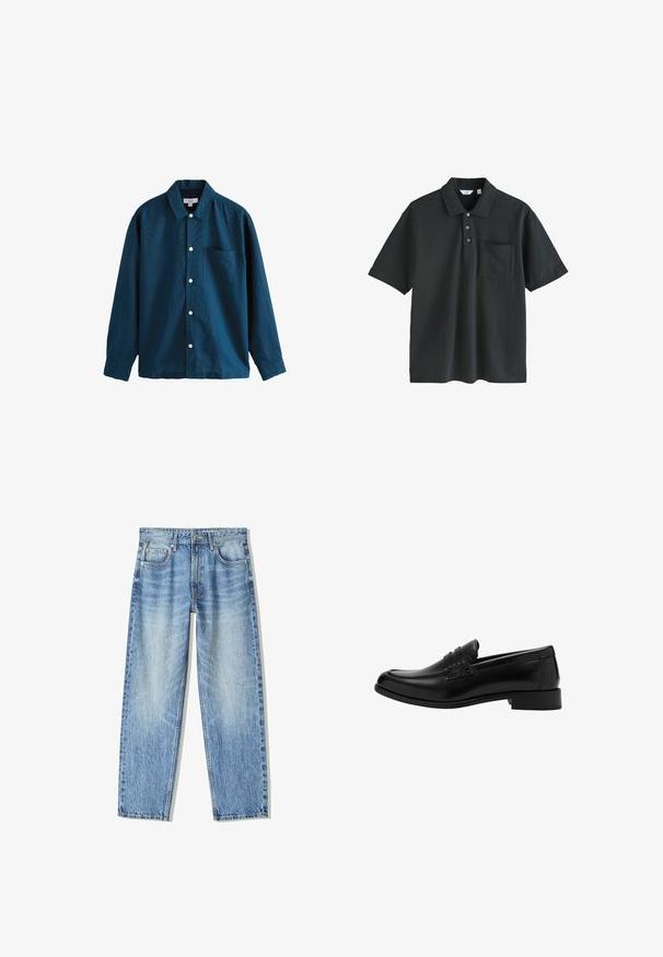 Blå långärmad skjorta med knappar som har en klassisk krage, en bröstficka och vita knappar. Mjukt tyg med en svag lyster.; Svart pikétröja i bomull, med krage, tre knappar, korta ärmar och en bröstficka.; Ljusblå denimjeans med lös passform, rak bendesign, fem fickor och blekt utseende. Inkluderar en framsidan knapp och dragkedjestängning.; Svart läderloafer med rund tå, veckad frontdetalj, texturerade accenter och låg klack, placerad mot en enfärgad bakgrund.