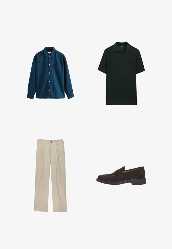 Blaue langärmlige Button-Up-Bluse mit klassischem Kragen, einer einzelnen Brusttasche und weißen Knöpfen. Weicher Stoff mit leichtem Glanz.; Dunkelgrünes Polohemd mit kurzen Ärmeln aus strukturiertem Strickstoff, mit einem V-Ausschnitt und einem flachen Kragen, der seitliche Schlitze am Saum hat.; Beige Hosen mit geradem Schnitt, ausgestattet mit einem einzelnen schwarzen Knopf, Gürtelschlaufen und Seitentaschen. Glatte Stofftextur und minimalistisches Design.; Façonnable Slipper - chocolate brown