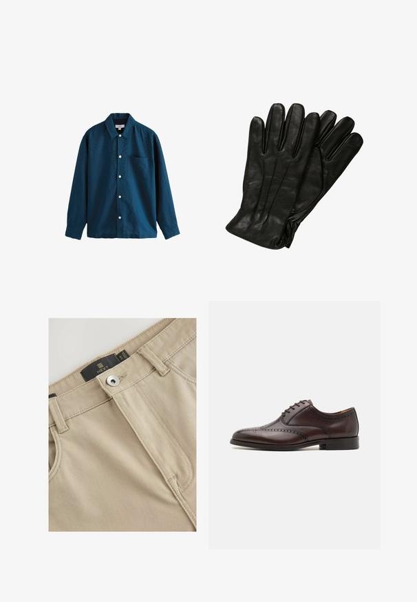 Camicia button-up azzurra a maniche lunghe con colletto classico, taschino sul petto e bottoni bianchi. Tessuto morbido con una leggera lucentezza.; Pantaloni in cotone beige con una texture liscia, zip frontale, chiusura con bottone e etichetta del brand in vita. Dettagli di cucitura visibili.; ALDO DONALD - Stringate eleganti - dark brown; Guanti in pelle nera con una texture liscia, cinque dita e dettagli di cucitura sottili. Design classico, adatti per l'uso in clima freddo.