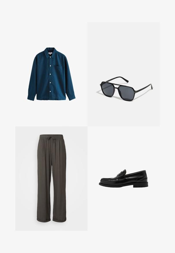 Blaue langärmlige Button-Up-Bluse mit klassischem Kragen, einer einzelnen Brusttasche und weißen Knöpfen. Weicher Stoff mit leichtem Glanz.; Dunkelgraue weit geschnittene Hose mit einem Zugbandsaum, gefertigt aus einem weichen, strukturierten Stoff, mit umgeschlagenen Bündchen an den Knöcheln.; Schwarze Lederloafer mit niedrigem Absatz, gesticktem Detail auf dem Vorderblatt und einer glatten, glänzenden Oberfläche. Hat ein rundes Zehendesign.; Schwarze Sonnenbrille mit achteckigem Rahmen, dunklen Gläsern, glänzender Oberfläche, dünnen Bügeln und goldenen Akzenten auf der Vorderseite.