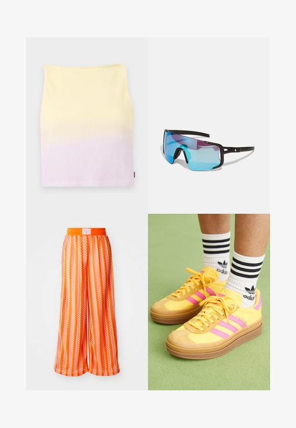 Csíkozott kötött crop top, sárgától világoslila árnyalatig terjedő gradient mintával, fitted fazonnal és kerek nyakkivágással.; Széles szárú nadrág élénk narancs és rózsaszín zigzag mintával, elasztikus derékkal és hátul logóval.; adidas Originals GAZELLE BOLD - Sportcipő - spark/lucid pink/spark; Sport napszemüveg fekete kerettel, nagy kék és lila árnyalatú lencsékkel, állítható orrpárnákkal; könnyű kialakítás aktív használatra.