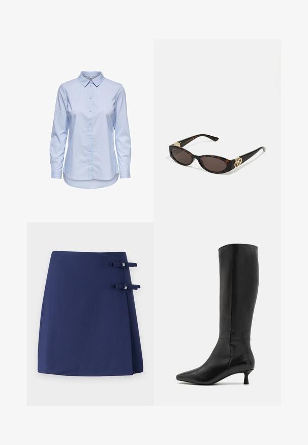 Camisa de botón a rayas azules con cuello, mangas largas y dobladillo curvado. La tela parece suave y ligera. Cierre de botón en la parte delantera.; Falda envolvente azul marino con un acabado texturizado, que presenta dos pequeños lazos de tela como acentos a un lado. Diseño simple y estructurado.; Zign Botas - black; Gafas de sol carey con lentes ovalados alargados, tintado marrón, acentos de logo dorado en las patillas y brazos negros elegantes.; Bolso de mano marrón con un patrón, fabricado en un tejido texturizado, strap de cuero marrón y detalle de logo dorado sobre un fondo beige. Forma curva y estructurada.