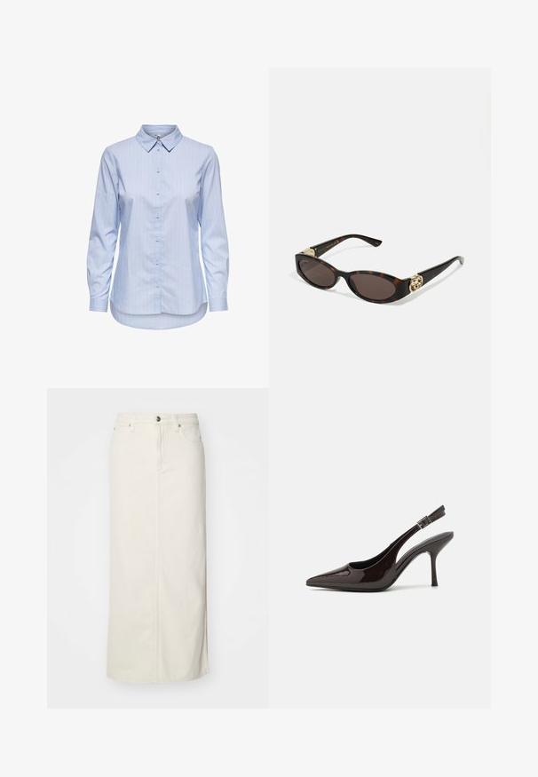 Zilā svītrota krekls ar pogām, ar apkakli, garām piedurknēm un izliekumu apakšmalā. Audums izskatās gluds un viegls. Pogājamā aizdare priekšā.; Balta džinsu midi svārku ar taisnu griezumu, priekšējo pogu aizdari un divām sānu kabatām. Iezīmē šuvju detaļas un diskrētu apakšmalas šķēlumu.; Slingback augstpapēžu kurpe ar spīdīgu tumši brūnu lakotu ādu, ar norādītu purngalu, atvērtām pusēm un regulējamu potītes siksniņu.; Tīģerbrūnā sauļošanās brillēm ar izstieptām ovālām lēcām, brūnu tonējumu, zeltītiem logotipa akcentiem uz tempļiem un plānām melnām kājām.
