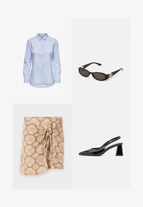 Srajca z modrimi črtami, gumbna zaposlitev s ovratnikom, dolgimi rokavi in ukrivljenim robom. Tkanina je videti gladka in lahka. Zapiranje z gumbi na sprednji strani.; Rjava krilna obleka z vzorcem, ki prikazuje velike kreme cvetne vzorce, zavezana na pasu z vozlom, narejena iz lahkega materiala.; Črne lakaste sandale s peto in ostrim nosom, ki imajo edinstveno geometrijsko blok panto. Gladka tekstura. Prilagodljiv trak za podporo.; Kornjačaste sunčane naočale s izduženim ovalnim lećama, smeškim tonovima, zlatnim logotipom na drškama i elegantnim crnim rukohvatima.