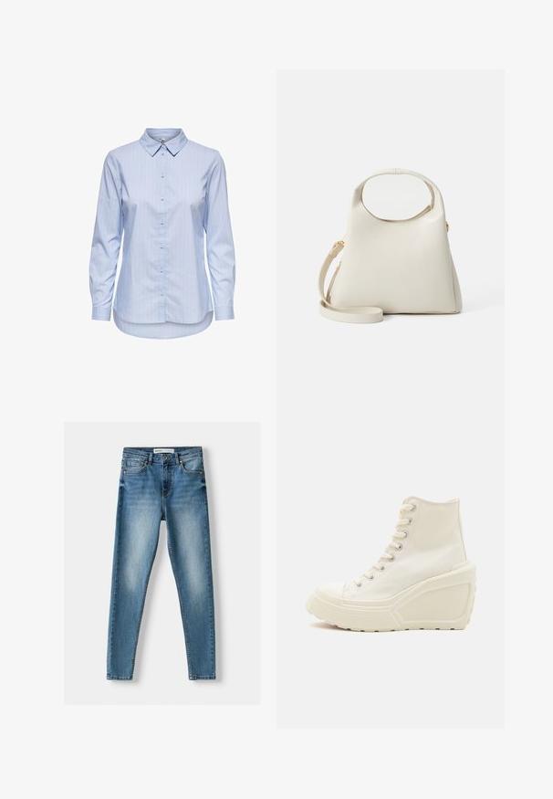 Camicia button-down a righe blu con colletto, maniche lunghe e orlo curvo. Il tessuto sembra liscio e leggero. Chiusura con bottoni sul davanti.; Jeans skinny in denim blu con cinque tasche, chiusura con zip e un aspetto vissuto con leggeri sbiadimenti sulla parte anteriore e cuciture distintive.; Sneakers alte in tela bianca con suola a zeppa, dotate di occhielli in metallo, punta rotonda e suola in gomma testurizzata.; Borsa color crema con design strutturato, manico circolare e tracolla rimovibile. Realizzata in materiale liscio con una texture sottile.