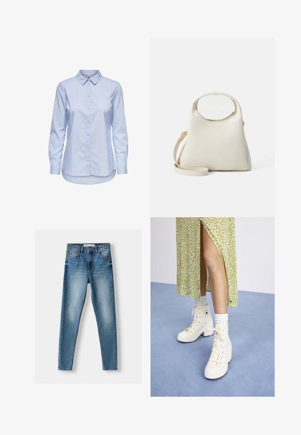 Blauw gestreepte overhemden met kraag, lange mouwen en een afgeronde zoom. De stof lijkt glad en lichtgewicht. Knopsluiting aan de voorkant.; Blauwe skinny jeans van denim met vijf zakken, een ritssluiting en een verweerd uiterlijk met lichte vervaging aan de voorkant en opvallende stiksels.; Witte hoge platform sneakers met veters en zilveren oogjes, gecombineerd met witte crew sokken, op een lichtblauwe vloer.; Crème-kleurige handtas met een gestructureerd ontwerp, ronde handgreep en afneembare schouderriem. Gemaakt van glad materiaal met een subtiele textuur.