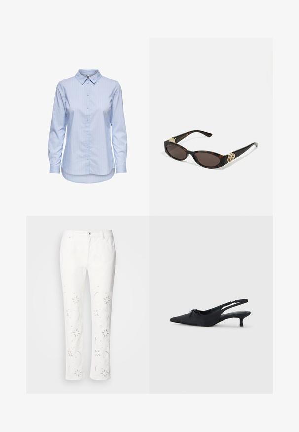 Modrá pruhovaná košeľa s gombíkmi, s golierom, dlhými rukávmi a zakriveným spodným okrajom. Materiál sa zdá byť hladký a ľahký. Gombíková léga na prednej strane.; Biele bavlnené nohavice so kvetinovou výšivkou pozdĺž nohavíc, s rovný strihom a zapínaním na gombík v páse.; Čierne slingback podpätky s špicatou špičkou, textúrovanou tkaninou, malou mašľou vpredu a skromným kitten podpätkom.; Slnkové okuliare v korytnačkovom dizajne s predĺženými oválnymi šošovkami, hnedým tónovaním, zlatými logovými akcentmi na spánkoch a elegantnými čiernymi ramenami.; Žltá falošná krokodília kabelka so štruktúrovaným dizajnom, horným držadlom, odnímateľným reťazovým popruhom a dekoratívnym kryštálovým ozdobením na zapínaní.