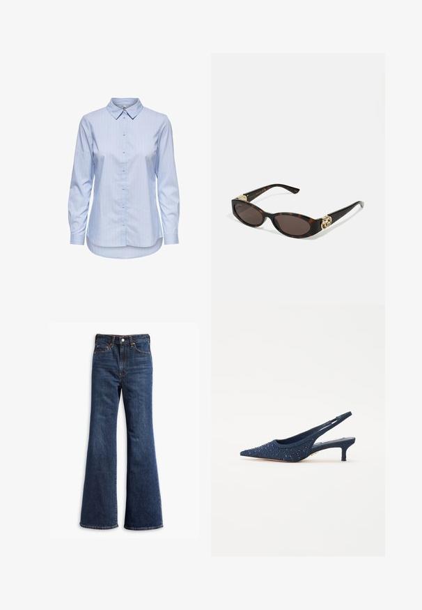 Blue striped button-up shirt with a collar, long sleeves, and a curved hem. Fabric appears smooth and lightweight. Button closure down the front.; High-waisted dark blue denim jeans with flared legs, front button and zipper closure, and five-pocket design.; Navy blue slingback shoe with a pointed toe, embellished with blue beads and a textured fabric upper; features a low, block heel.; Tortoiseshell sunglasses with elongated oval lenses, brown tint, gold logo accents on temples, and sleek black arms.; Brown faux suede tote bag with two sturdy handles, a structured shape, and minimalistic design, featuring subtle stitching accents.