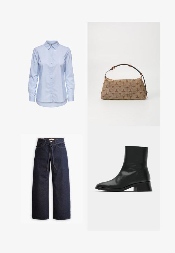 Blå randig skjorta med krage, långa ärmar och rundad nederkant. Tyget verkar slätt och lättviktigt. Knappar framtill.; Brettbeniga mörkblå denimjeans med hög midja, utrustade med snörning, fem fickor och kontrasterande sömmar.; Svart ankelboot i glänsande läder, med en smäcker design, spetsig tå och en måttlig blockklack för stabilitet.; Brun mönstrad handväska med en texturerad tyg, brun läderrem och detalj med gyllene logotyp på en beige bakgrund. Kurvad, strukturerad form.
