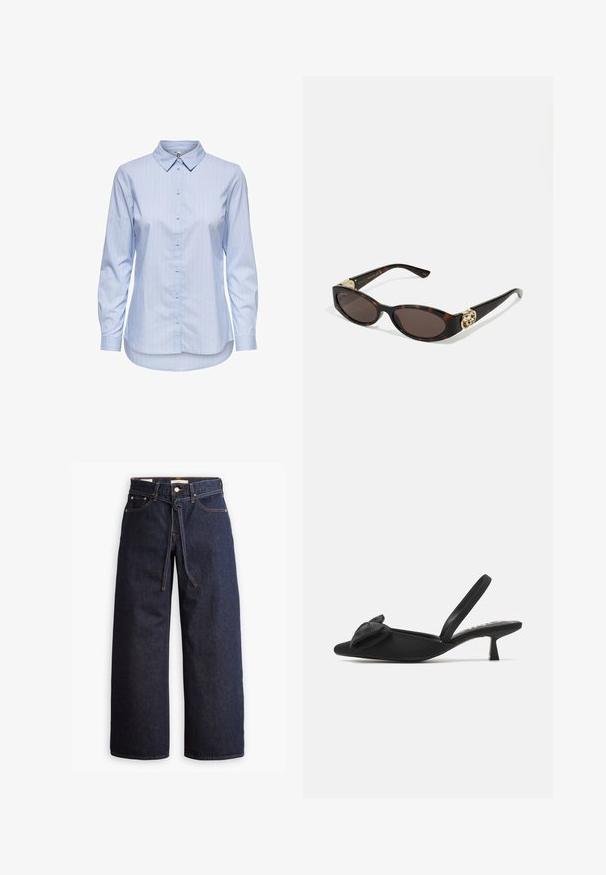 Modrá pruhovaná košeľa s gombíkmi, s golierom, dlhými rukávmi a zakriveným spodným okrajom. Materiál sa zdá byť hladký a ľahký. Gombíková léga na prednej strane.; Široké tmavomodré denimové džínsy s vysokým pásom, so šnúrkou na sťahovanie, piatimi vreckami a kontrastným prešívaním.; ONLY SHOES ONLCOCO BOW SLINGBACK - Klasické lodičky na opätku - black; Slnkové okuliare v korytnačkovom dizajne s predĺženými oválnymi šošovkami, hnedým tónovaním, zlatými logovými akcentmi na spánkoch a elegantnými čiernymi ramenami.; Hnedá kabelka s vzorom, vyrobená z texturovanej látky, s hnedým koženým popruhom a zlatým logom na béžovom pozadí. Zakrivený, štruktúrovaný tvar.