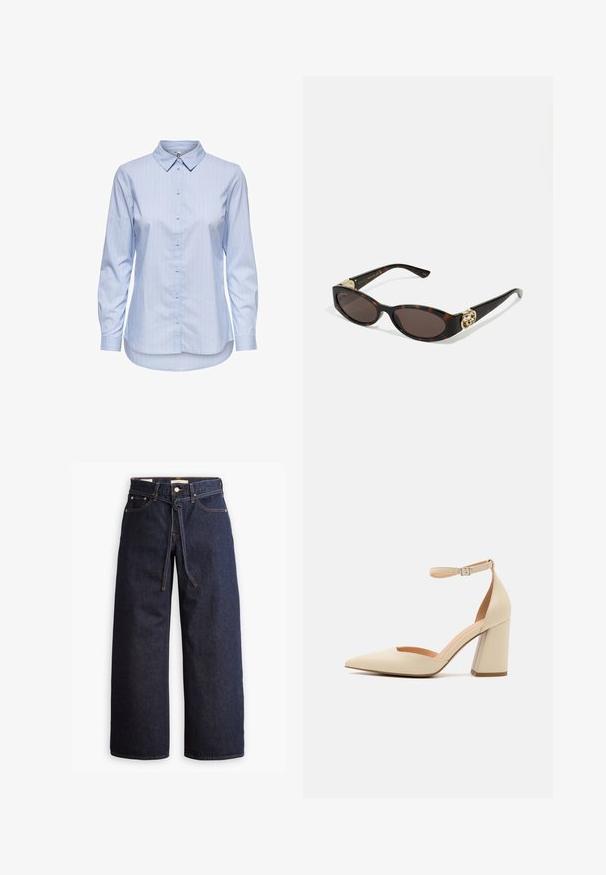 Camicia button-down a righe blu con colletto, maniche lunghe e orlo curvo. Il tessuto sembra liscio e leggero. Chiusura con bottoni sul davanti.; Jeans in denim scuro a gamba larga con vita alta, dotati di un laccio, cinque tasche e dettagli di cucitura a contrasto.; Décolleté in vernice beige con punta affusolata, cinturino alla caviglia e tacco chunky. Texture liscia con dettagli di cucitura minimi.; Occhiali da sole tartarugati con lenti ovali allungate, tonalità marrone, accenti dorati con logo sulle tempie e aste nere eleganti.; Borsa a tracolla marrone con motivo, in tessuto testurizzato, con manico in pelle marrone e dettaglio del logo dorato su uno sfondo beige. Forma curva e strutturata.
